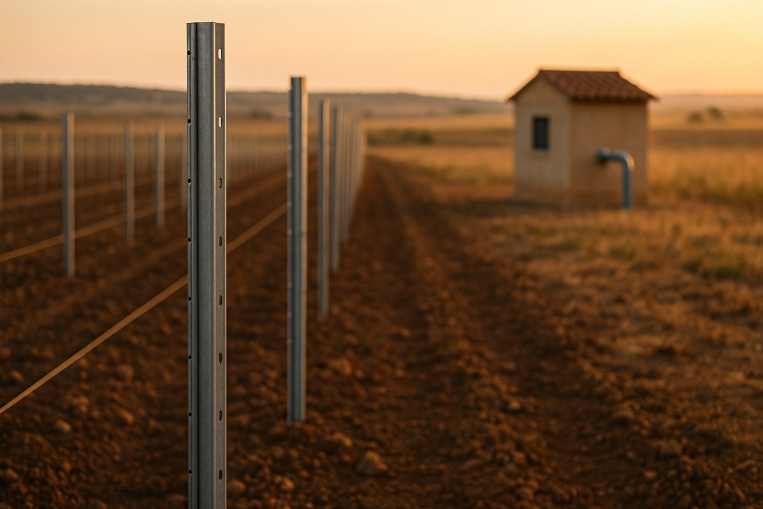 Campo agrícola con postes metálicos de viñedo en primer término y una caseta de bombeo de pozo al fondo